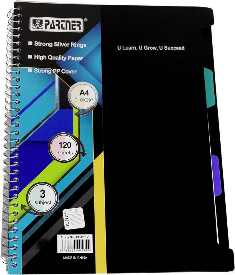 PARTNER 3 SUBJECT A4 SIZE 210 * 297 120 SHEETS STRONG SILVER RINGS, PAPER,STRONG PP COVER- Pack Of 02
